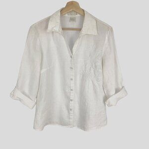 Tweeds Button Front Shirt  100% Linen Floral Embroidered Detail White Size L